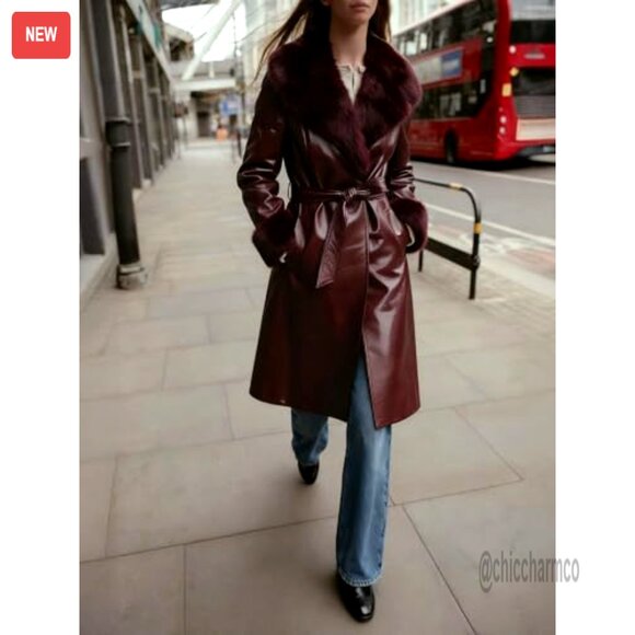 Leather Coat with Faux Fur Trim Belted Long Elegant Chic Outerwear - Picture 6 of 7